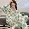 Warm Sleepwear for Winter Thickened Plus Size Coral Velvet Pajamas Women Warm Long Sleeve Solid Color Plaid Trousers Home Suit Set