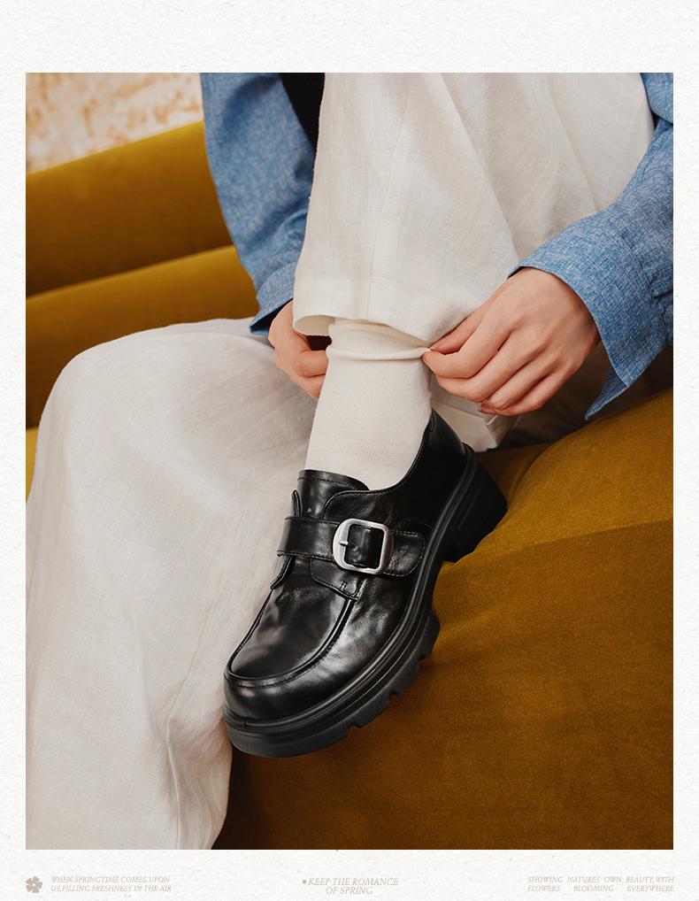 Senda Oxford Shoes Women's 26 Spring New Scratch Pattern Belt Buckle Thick High Heels Casual Single Shoes ZTK10AA6