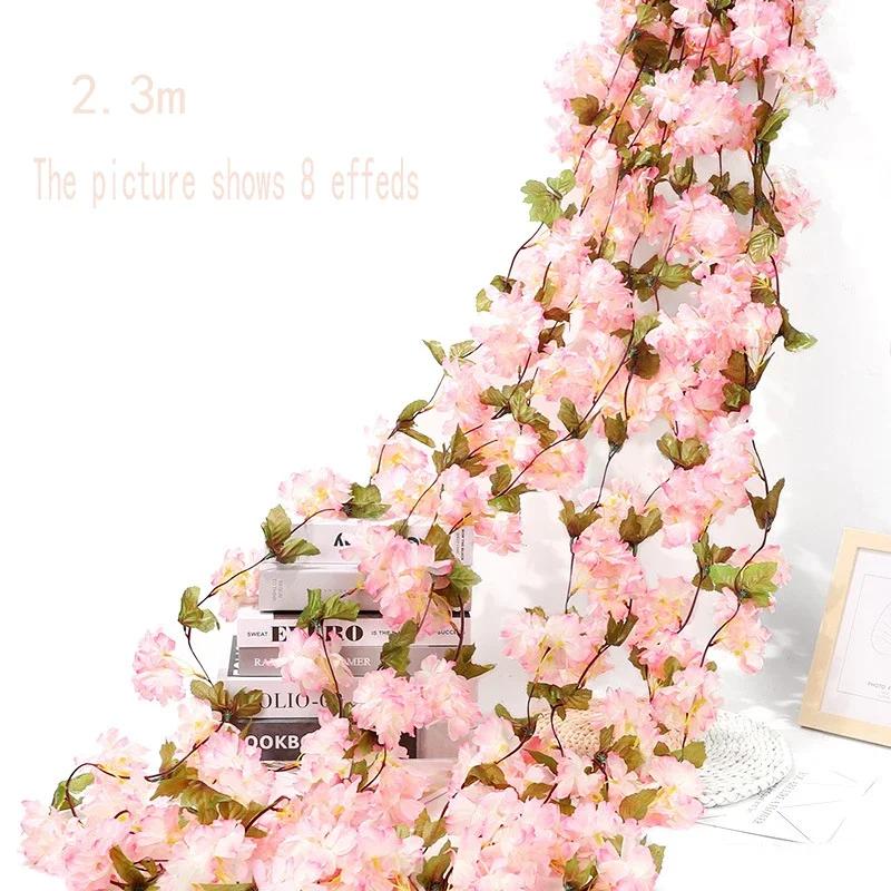 2.3m Flower Garland Artificial Flower String With Leaves Silk Sakura Cherry Blossom Ivy Vine For Home Garden Wedding Arch Decor
