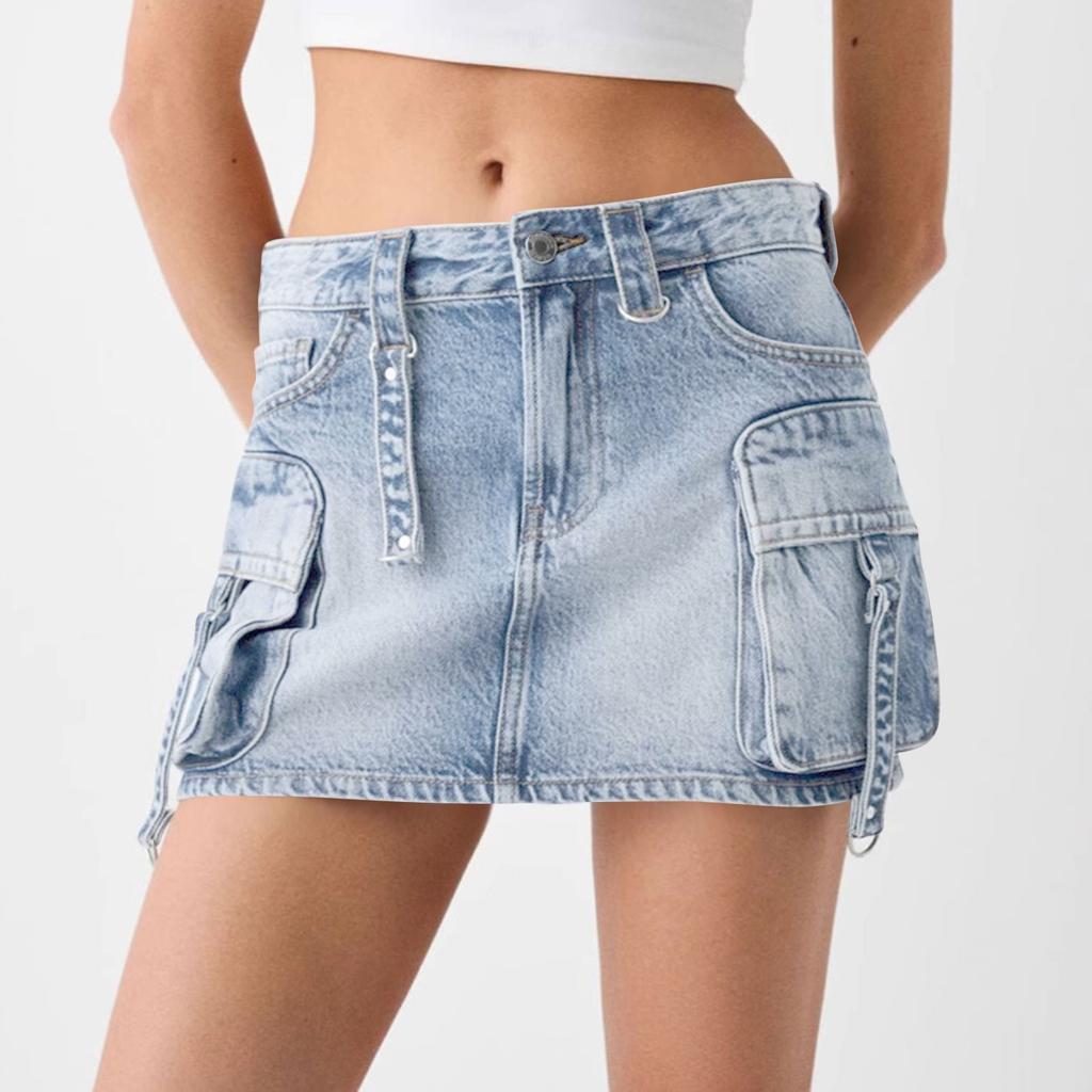 Женская джинсовая юбка карго с низкой посадкой на пуговицах, облегающая, с накладными карманами