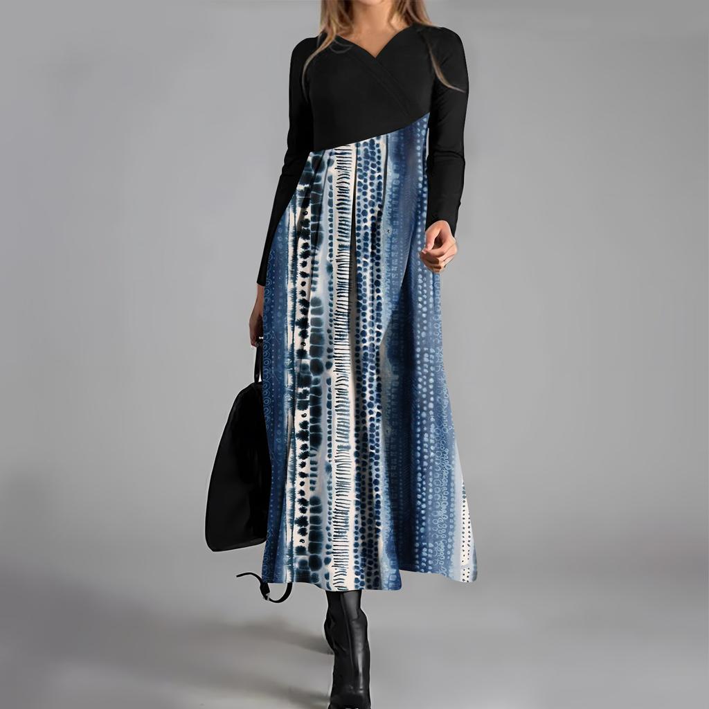 Women's Casual Fashion V-neck Long Sleeve Dress Flower Print Waist Pocket Swing Dress