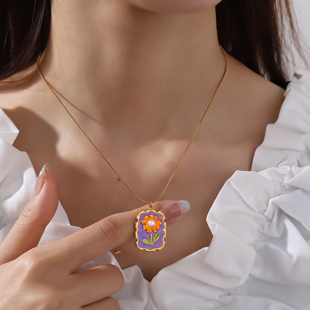Dripping Oil Stainless Steel Chain Necklace Flower Clavicle Chain Sunflower Enamel Necklace  Girls