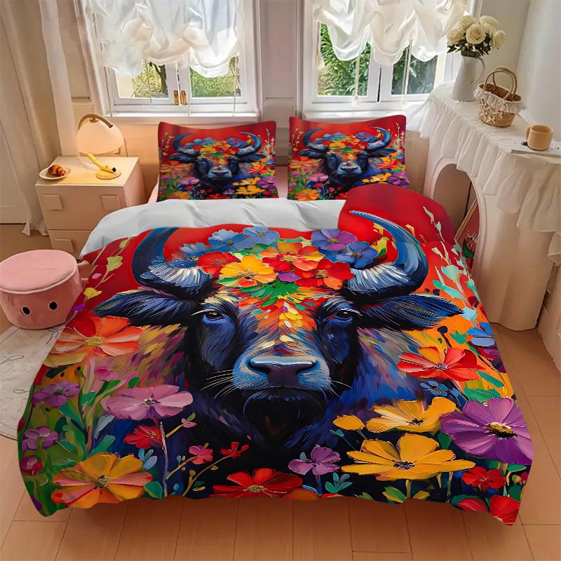 3pcs Bull Flowers Duvet Cover Set, 1 Duvet Cover + 2 Pillowcases (No Insert), High-Definition Print, Home & Dorm yy251123048