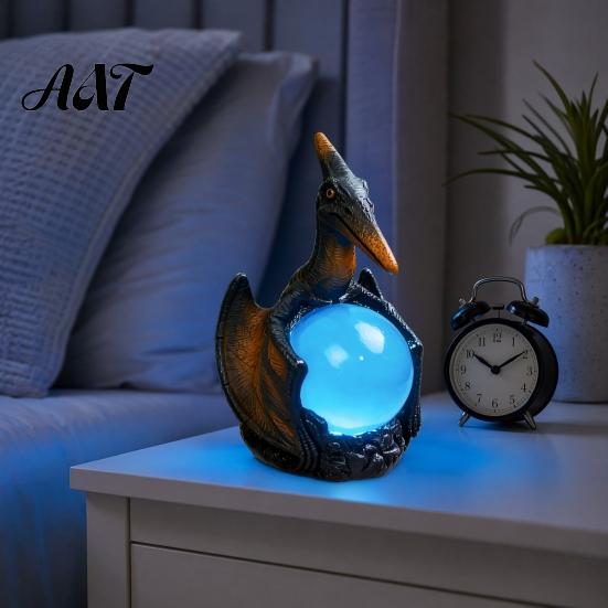 Fantasy Decor Desk Lamp Pterosaur Night Light, Resin Gothic Dragon Table with Glowing Faux Crystal Light Ball, for Bedroom Office, Gift Lovers