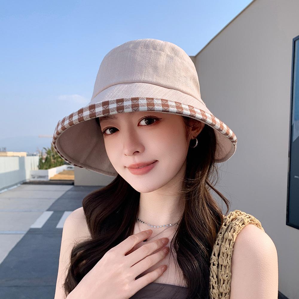 Spring and summer women plaid bow sunscreen bucket hat outdoor breathable sun hat UV protection face cover fashion hat