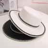Retro Pearl Lace Flat Top Straw Hat Women's Summer Outing Seaside Sun Hat Beach Hat