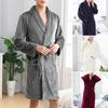 Autumn Winter Men Nightgown Flannel Pockets Lapel Solid Color Long Sleeve Robe Plus