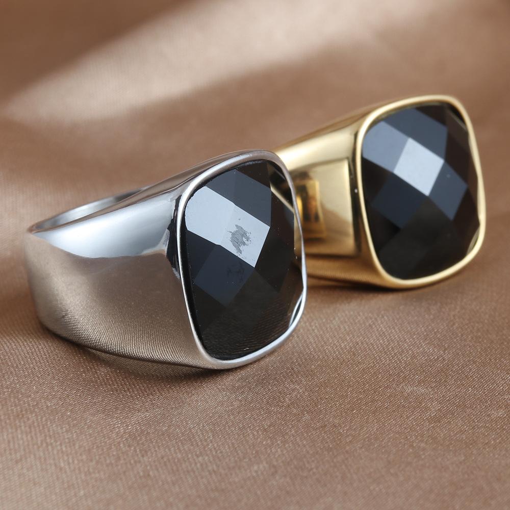 European And American Jewelry Titanium Steel Square Black Stone Ring Retro Trendy Girl Stainless Steel Personalized Punk Glossy Ring 2701