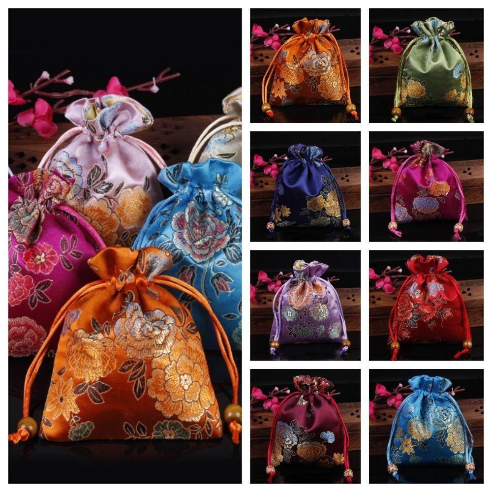 Floral Embroidery Flower Drawstring Bag Chinese Style Jewelry Packing Bag Small Wallet Festival