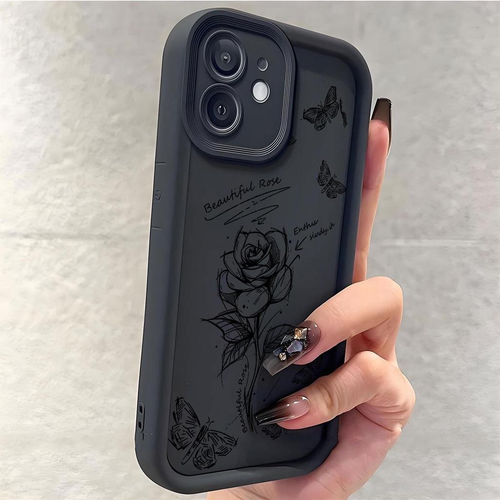 Чехол для iPhone 14-17 Pro Max с дизайном эскиза розы - Черная версия с канавками