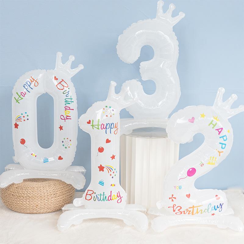 32inch Standing Number Balloons 0-9 White Crown Birthday "Happy Birthday" Balloons Birthday Party Celebration Decoration