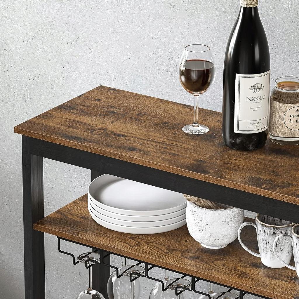 Shelf rack for wine and glasses. Wooden loft wine cabinet.