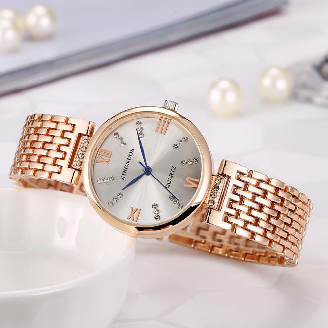 KINGNUOS Высококачественные модные женские часы с бриллиантами, водонепроницаемые женские часы с твердым стальным ремешком