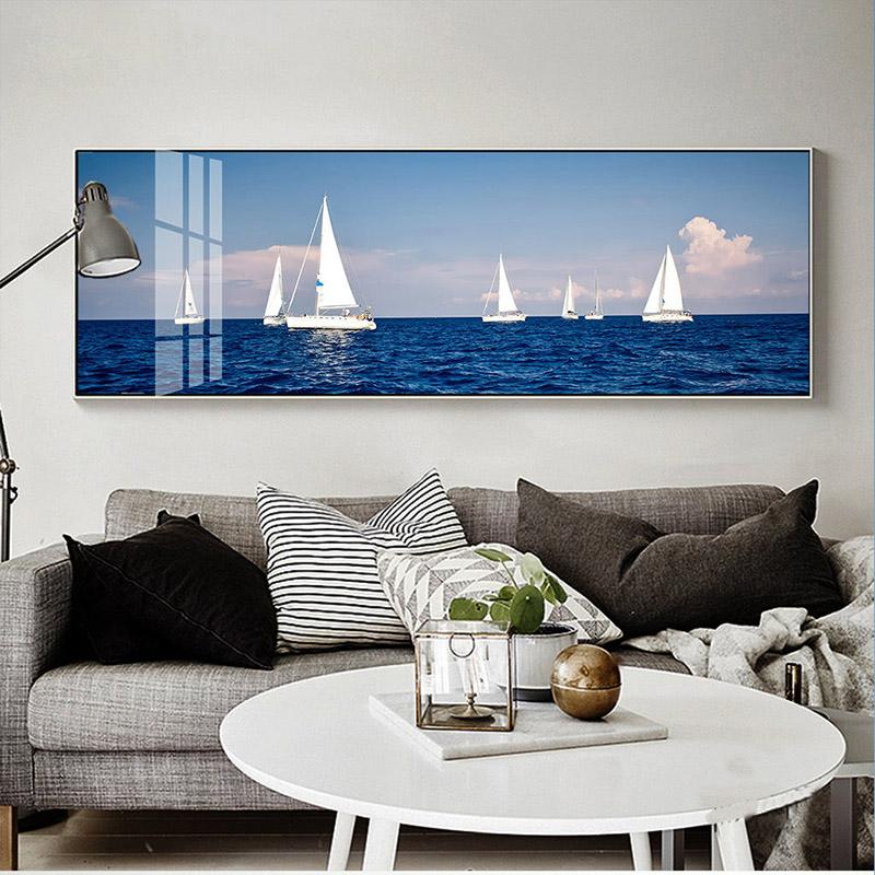 Голубое небо, облака, морской пейзаж, лодка, корабль, пейзаж, холст, живопись, постеры и принты, настенные панно для гостиной, домашний декор, без рамки