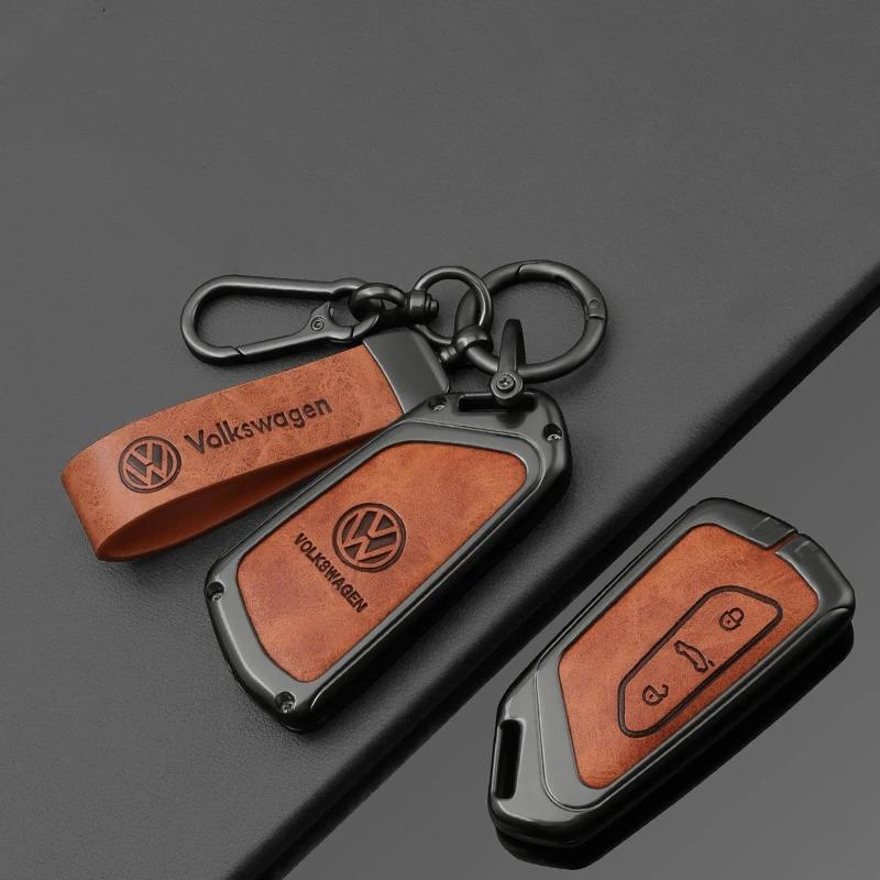 Fashion New Double-sided Leather Car Key Case Cover Shell Protection Auto Styling Accessories For VW Volkswagen Golf 8 MK8 Leon QW7