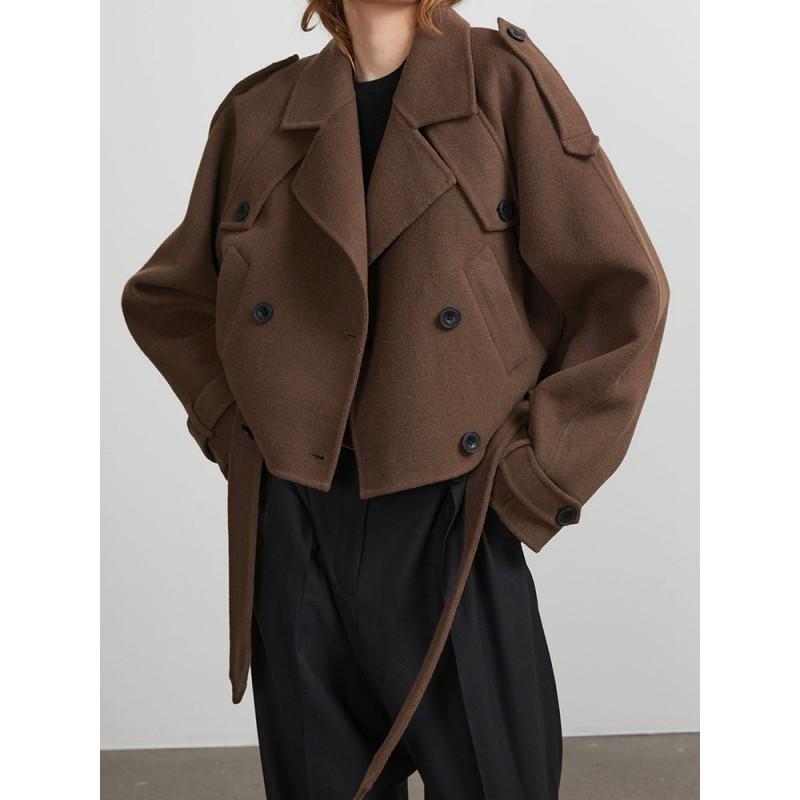 Womens Solid Color Lapel Long Wool Coat Double Breasted Casual Commuter Outerwear