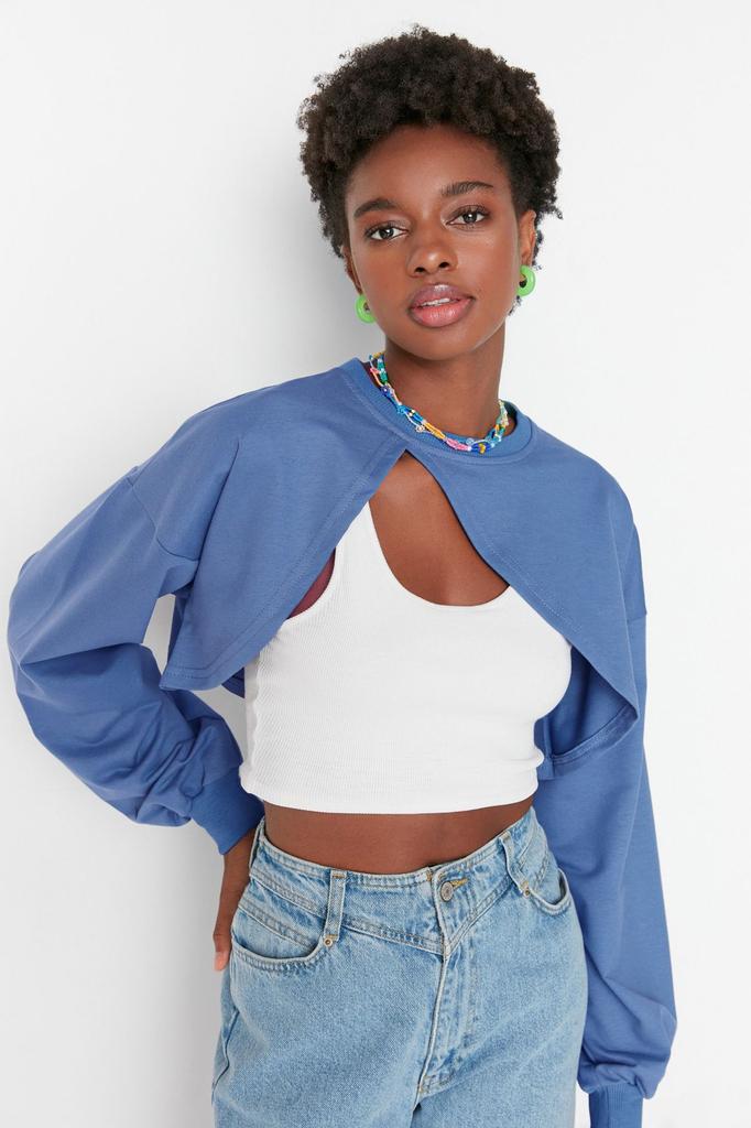 Women's Fashion Stylish Sweatshirt Black Asymmetrical Super Crop Crew Neck Thin Knitted Sweatshirt