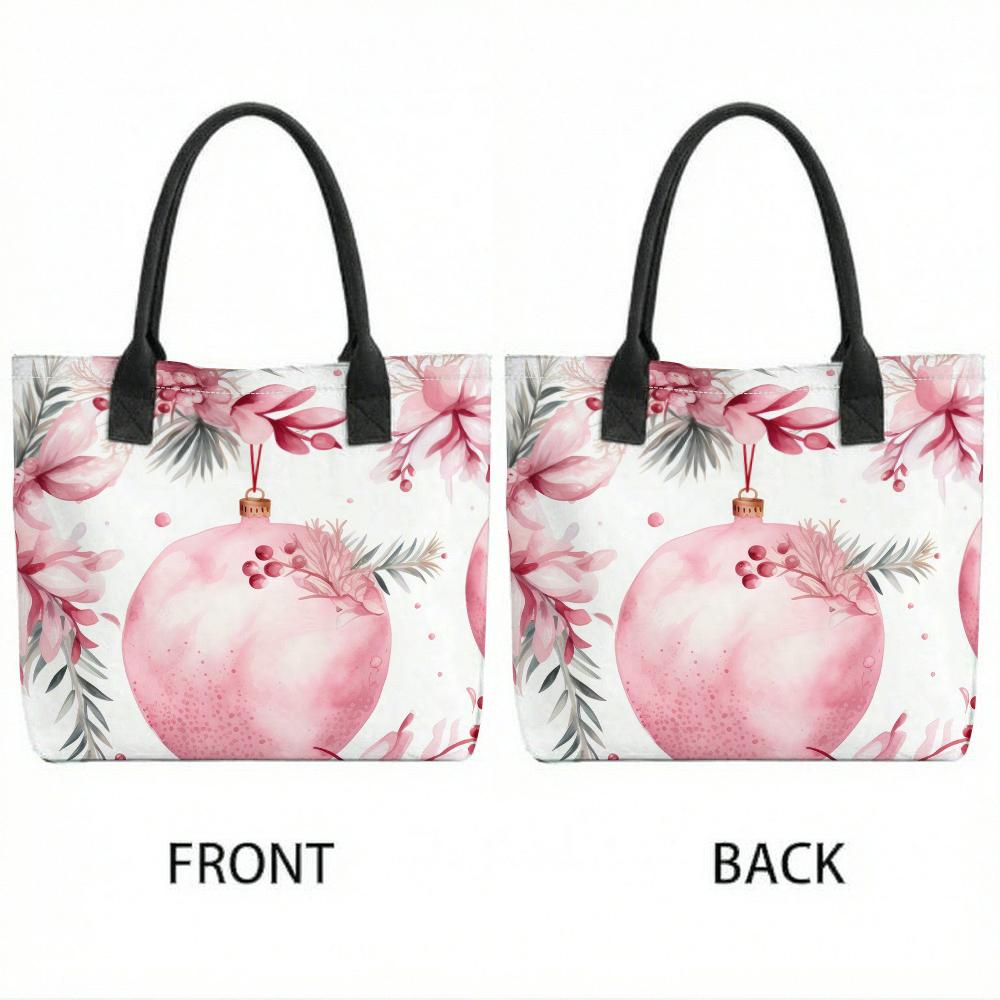 White Tote Bag Women Canvas Shopping Handbag with Pink Floral Ornament Print Black Handles
