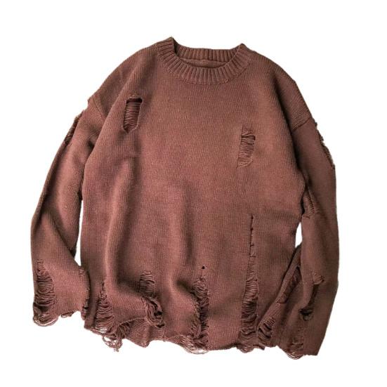 Men Sweater Solid Color Ripped O Neck Oversized Couple Sweater