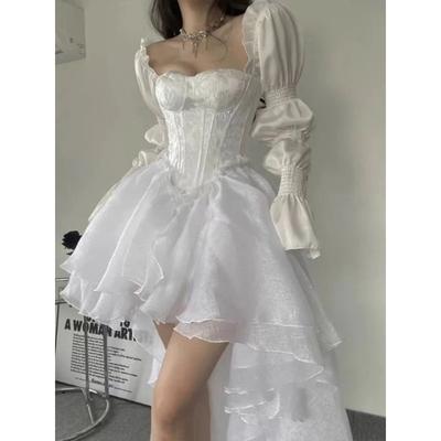 2024 летнее однотонное платье феи миди, женское белое элегантное вечернее платье, пляжное повседневное корейское модное платье с длинными рукавами