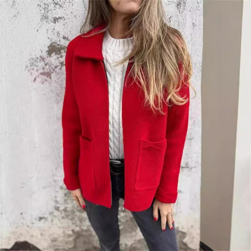 Women's Single-sided Tweed Fall and Winter Lapel Knit Zipper Casual Jacket