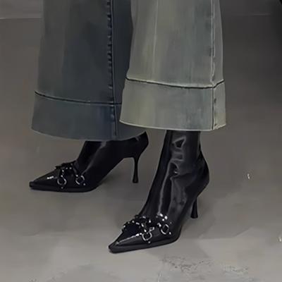 Осень Новые Рукава Одиночные Ботинки Женская Мода Острый Носок Металлическая Пряжка Противоскользящие Износостойкие Каблук-Шпилька Короткие Ботинки