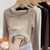 2024 Autumn Winter Velvet Square Collar Long Sleeve Solid T Shirt for Women Harajuku Casual Slim Thick Warm Bottoming T-shirt Female