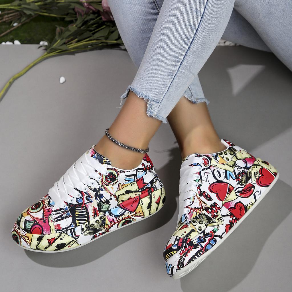 Platform Graffiti Shoes Trainer Sneakers Flats Shoes 2024 New Comfy Fashion Colorful Skateboard Shoes Flats For Woman Dropship