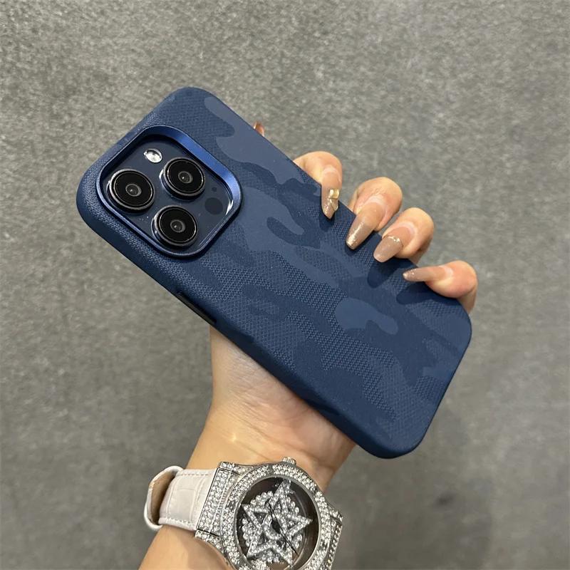 Камуфляжный кожаный чехол Magsafe для iPhone 13 14 15pro 12 13Pro 14pro max, матовый противоударный чехол с покрытием объектива, с беспроводной зарядкой