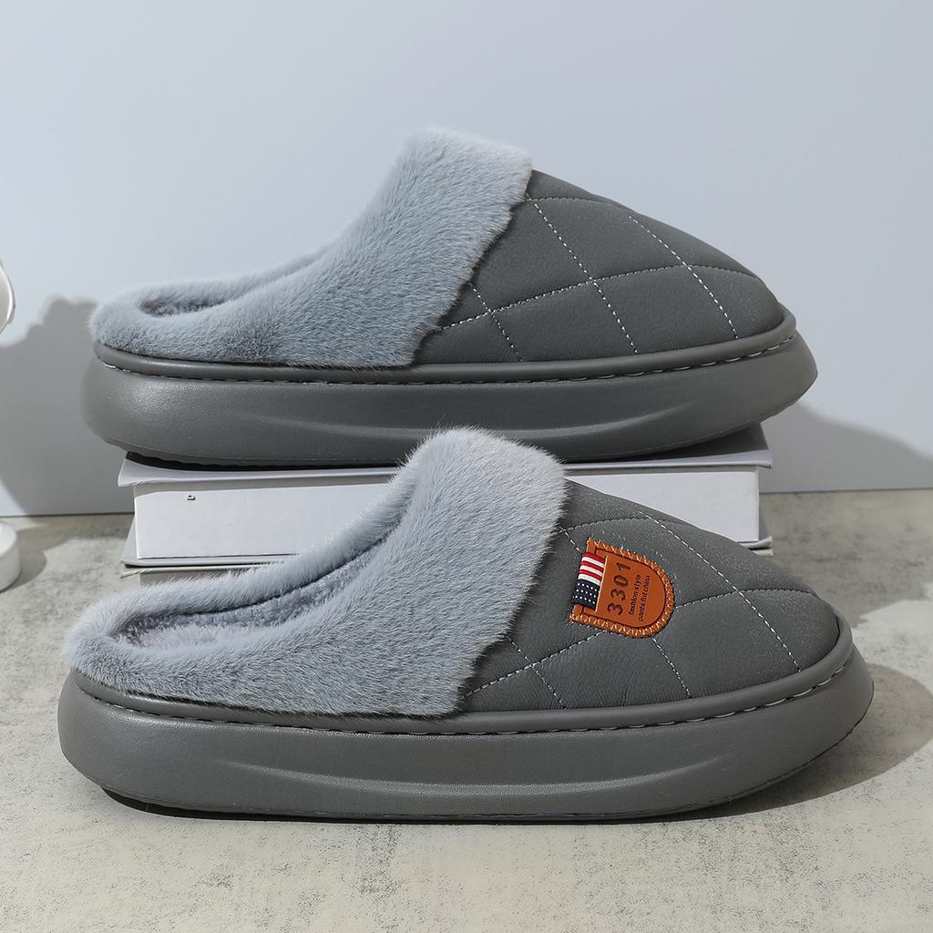 Кожаные хлопковые тапочки для пары осень-зима домашнее тепло домашние комнатные нескользящие на толстой подошве плюшевые тапочки мужские