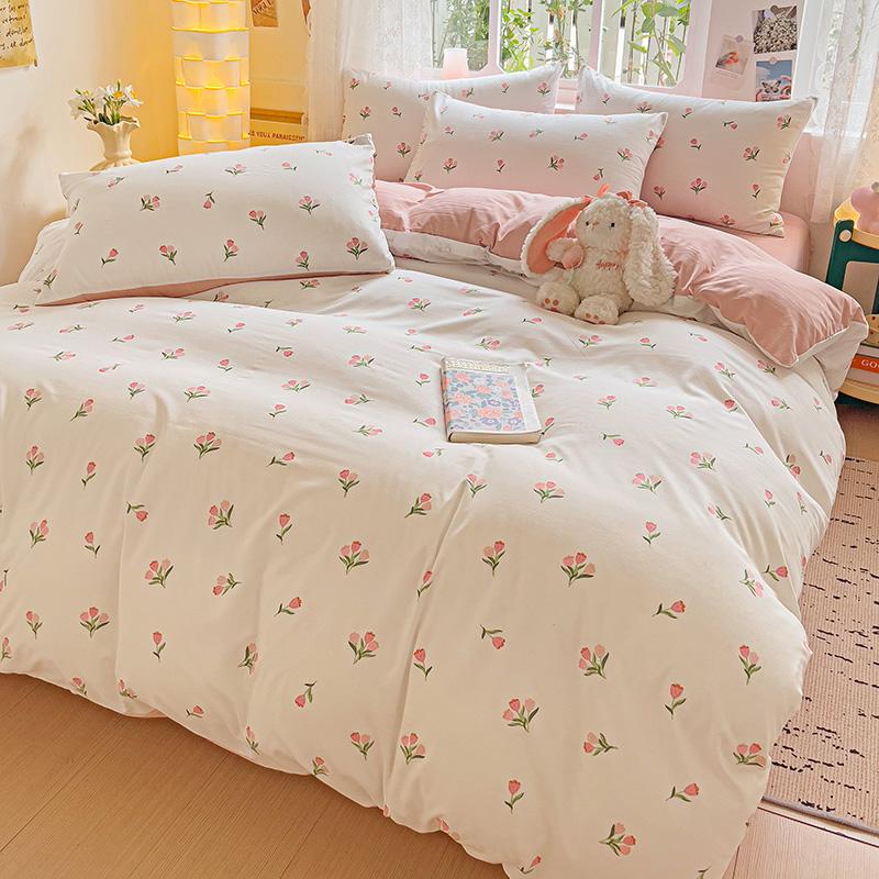 American Country Floral Printed Duvet Cover Set Soft Breathable Double Bedding for Spring Summer Quilt Cover Set with Flat Sheet