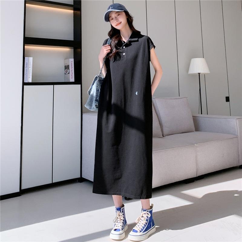 YYFS Женская мода лето весна однотонный принт короткий рукав воротник поло свободная талия повседневные платья