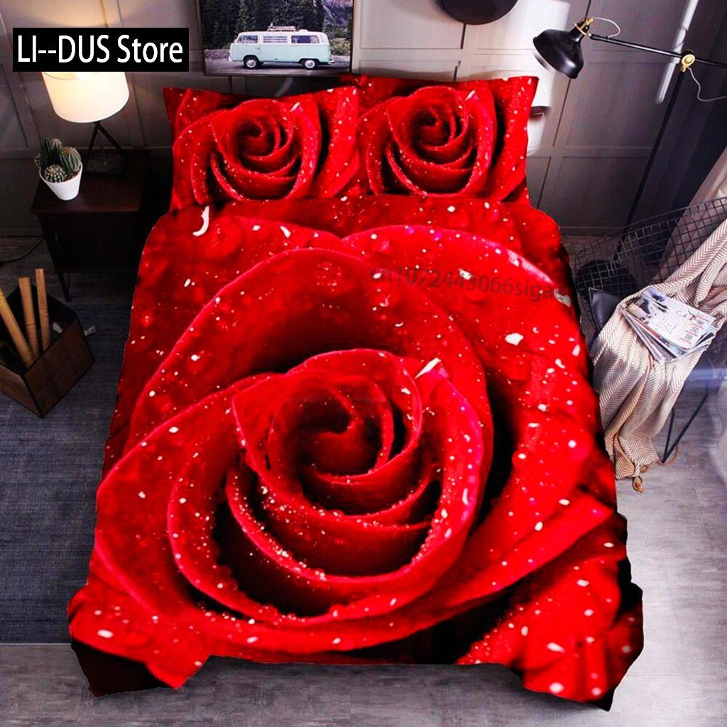 Комплект постельного белья с цветочным принтом King Microfiber Red Rose Blossom Flower Комплект постельного белья Red Botanical Покрывало для пододеяльника Romantic Quilt Cover