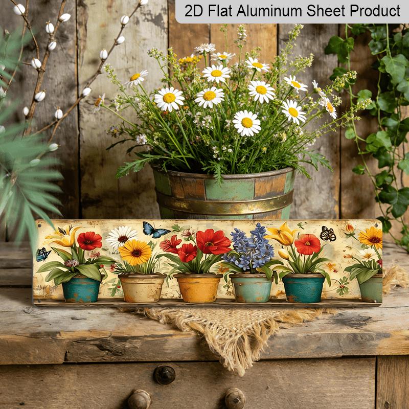 2D Flat, 1pc Vintage Botanical Aluminium Decorative Sign - Blooming Flowers & Butterflies Painting, Wooden Grain Aluminium Panel, 5x16 Inch Flat