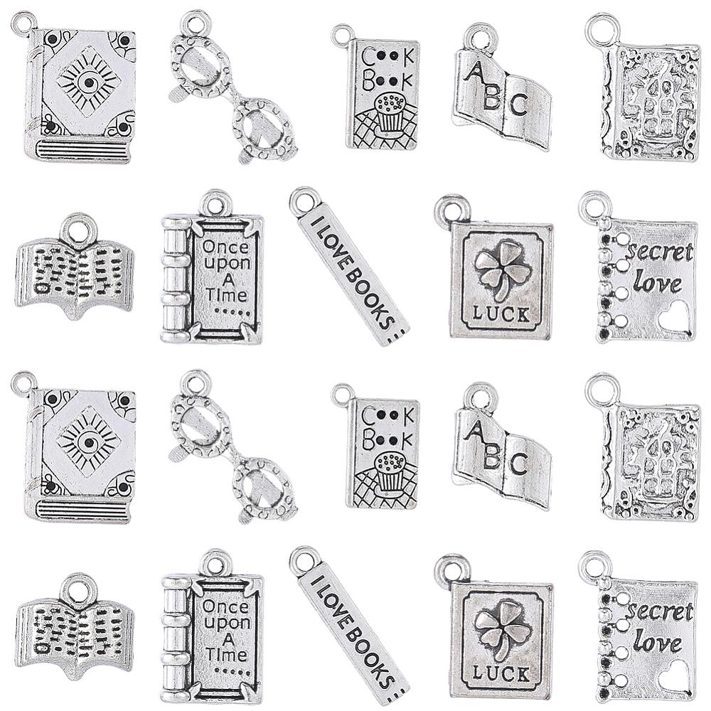 60Pcs 10 Styles Tibetan Style Alloy Pendants, Mixed Shapes, Antique Silver, 11~27x11~21.5x1.5~6mm, Hole: 1.6~2mm, 6pcs/style