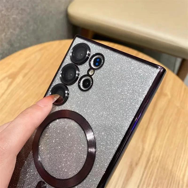Блестящий Роскошный Магнитный Чехол для Женщин с Поддержкой MagSafe Для Samsung Galaxy S26 S24 FE S23 S22 S25 Ultra Plus Чехол для Беспроводной Зарядки
