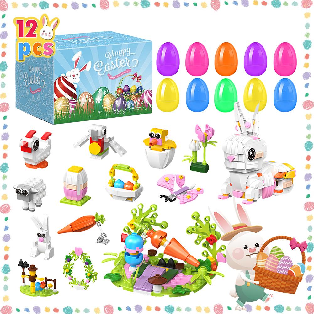 12PCS 2025 Easter Egg Gifts Filled with Building Blocks Colorful Easter Basket Prefilled Toy For Easter Hunts Kids Birthday Gift