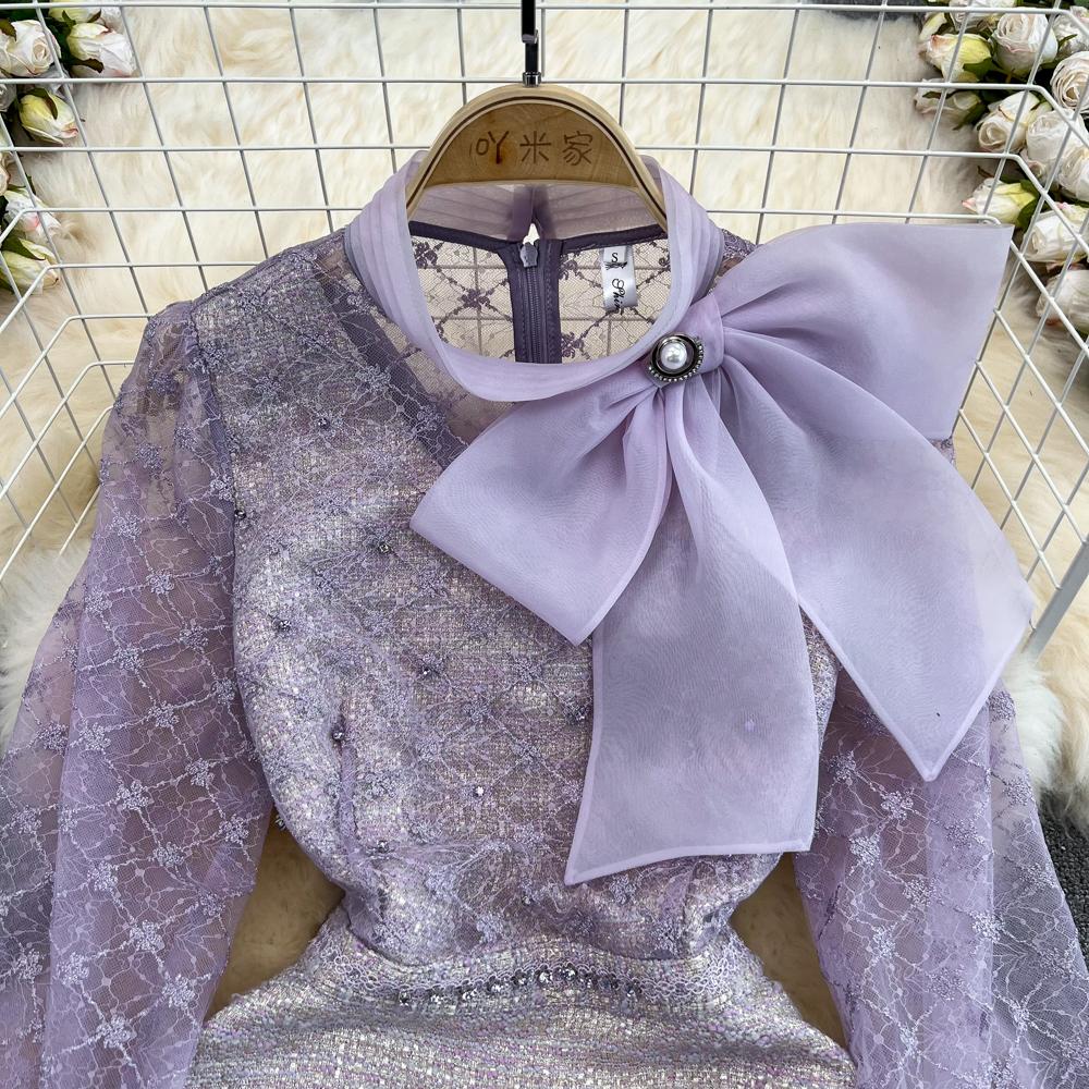 Весенне-осеннее женское элегантное фиолетовое сетчатое твидовое лоскутное праздничное платье с вышивкой и бантом, мини-короткие платья с бисером