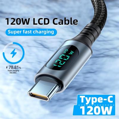Ультра-супербыстрый зарядный кабель - 6A 120 Вт USB A на Type C Нейлоновый кабель для передачи данных для Xiaomi Redmi Samsung со светодиодным цифровым дисплеем