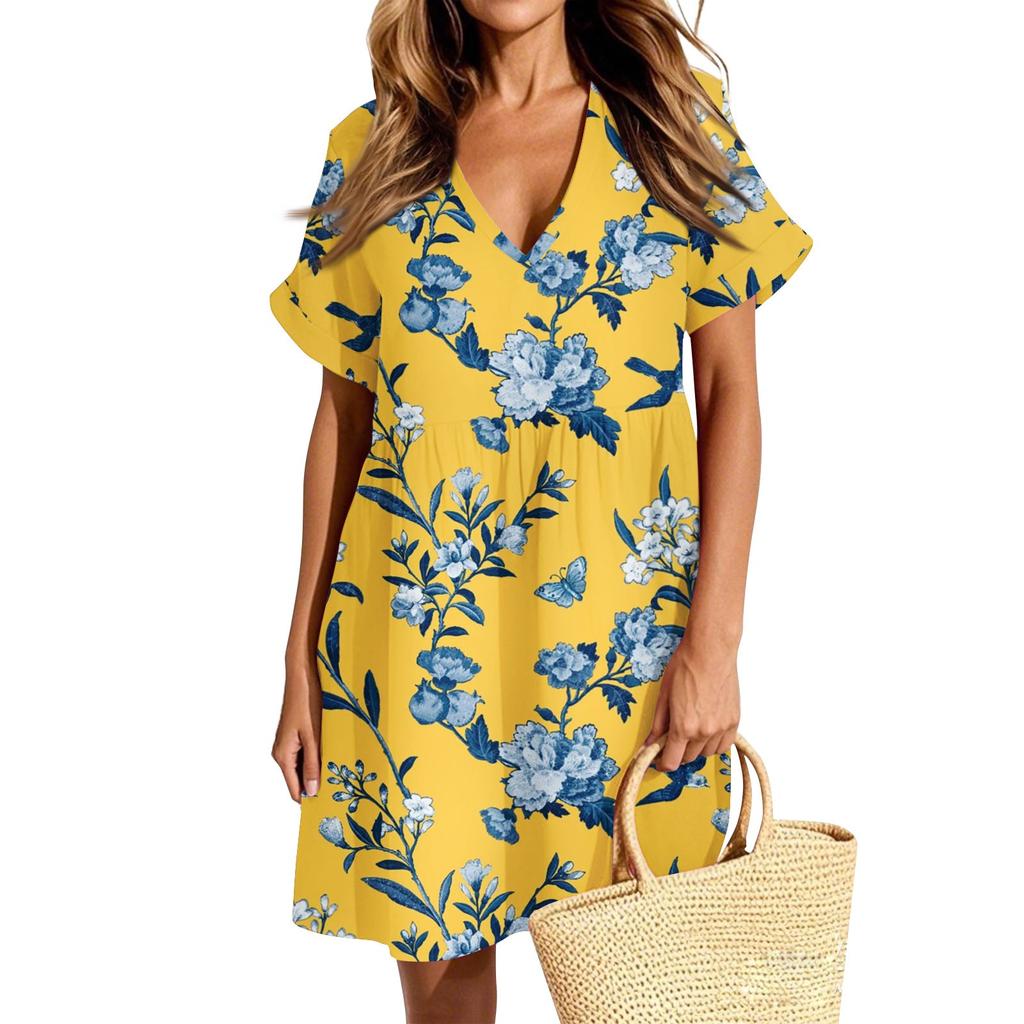 Женское повседневное модное платье с винтажным цветочным принтом и коротким рукавом и V-образным вырезом