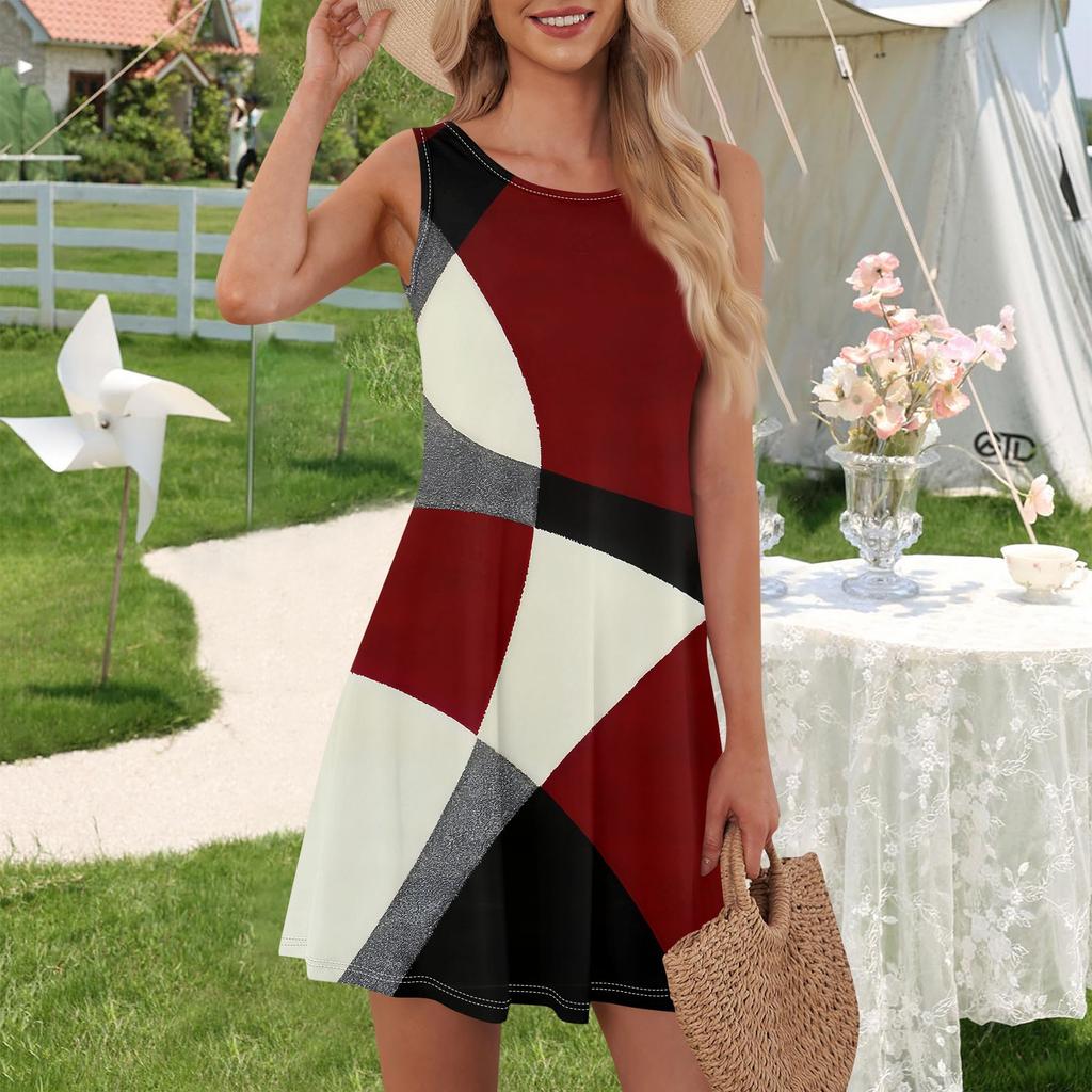 Женская мода Лето с круглым вырезом без рукавов Повседневная распашная Свободные платья с принтом