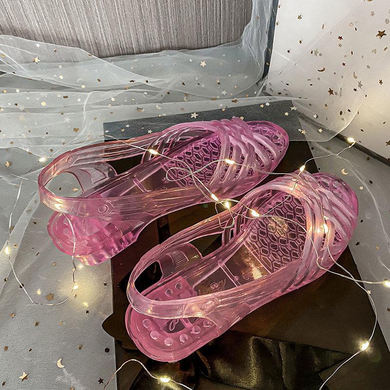 Sandals for Women with Low Heels Footwear Plastic Ladies Shoes Crystal Summer 2024 Outdoor Jelly Pvc Trend Korea On Offer Casual
