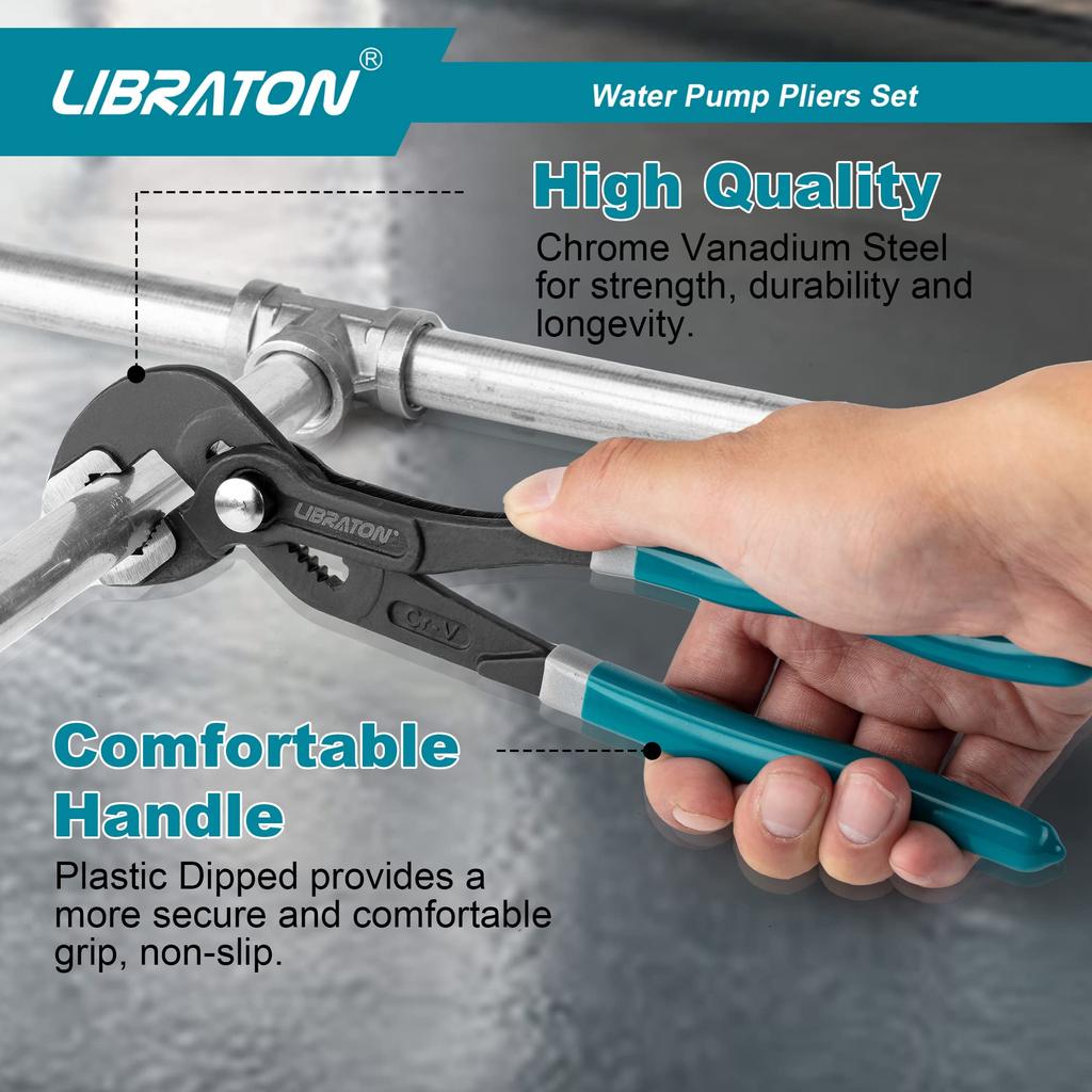 LIBRATON Water Pump Pliers Plumbing with Case Pliers, 3-Piece Set, 175mm, 240mm, 300mm, CR-V Steel, Wrench, Tool,