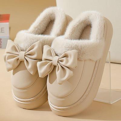 Зимние тапочки на толстой подошве - Нескользящая ПУ кожа с милым бантом для мужчин и женщин