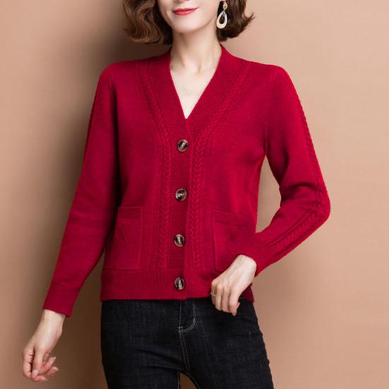 Женский вязаный кардиган на весну и осень, с v-образным вырезом и пуговицами, с длинными рукавами, сплошной цвет, женское пальто среднего возраста, топ, уличная одежда