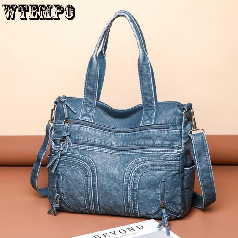 WTEMPO Ретро мытая кожаная сумка Модная женская большая сумка большой емкости с несколькими карманами