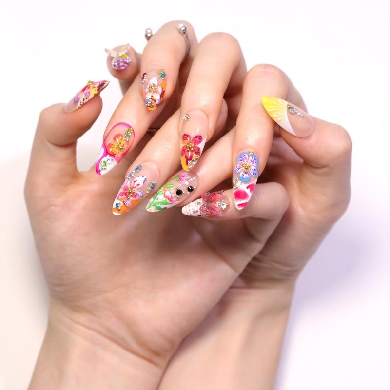 Tropical flower 3D wearing nail piece three-dimensional point drill butterfly French nail piece cross-border hot-selling color fake nail manicure
