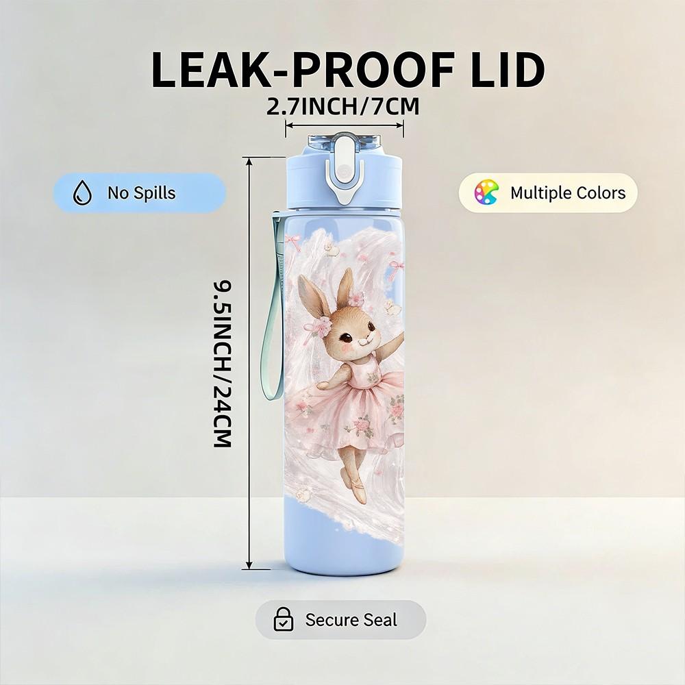 1PC Dreamy Bunny Angel Watercolor Print 750ml Color Plastic Sports Water Bottle Leakproof Flip Straw Lid Suitable for Sports Office Home Use