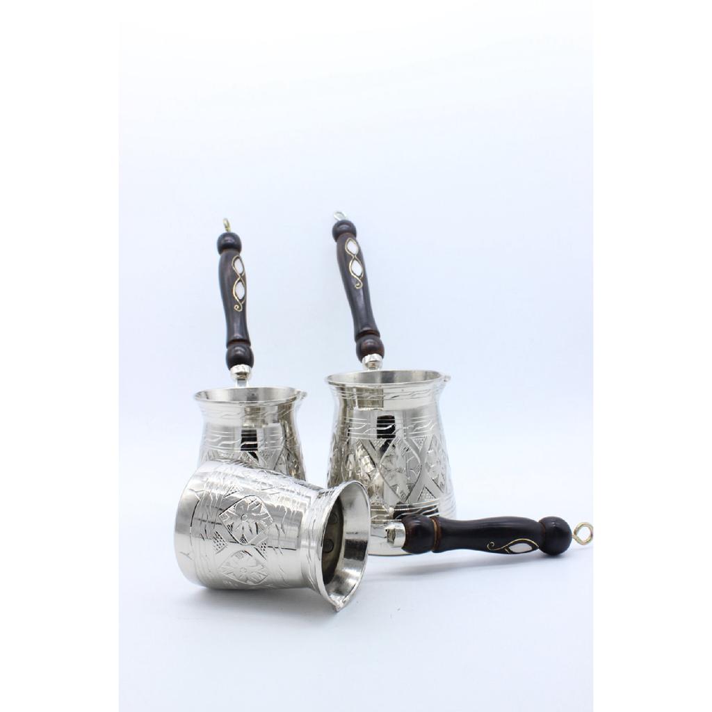 Газиантеп ручной работы с деревянной ручкой Медный кофейник Серебряный цвет 3 шт. Набор кофейников