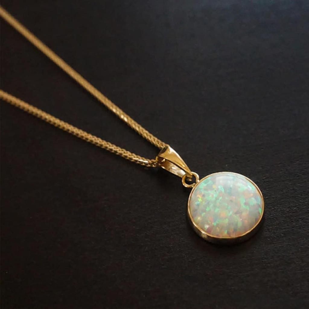 Подвеска с белым опалом и ожерельем, ожерелье из золота 14 карат, ожерелье из золотого опала, подвеска из золотого опала, изящная подвеска с опалом, подвеска из белого драгоценного камня